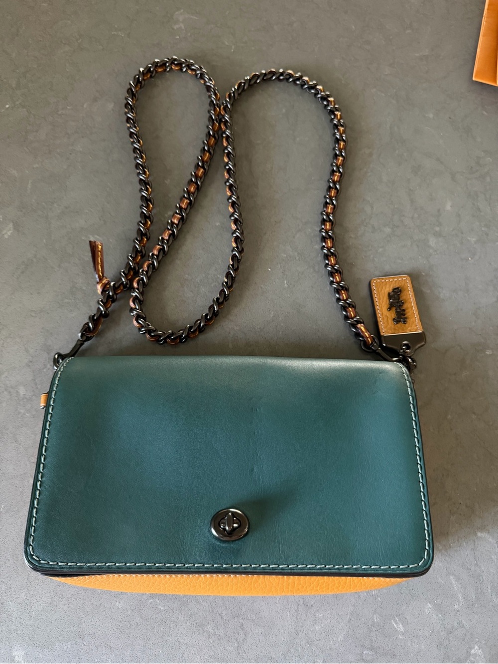 Coach Dinky Teal and Yellow Chain Strap Crossbody Bag